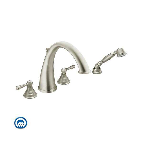 Moen T922 Chrome Deck Mounted Roman Tub Faucet Trim with Personal Hand Shower and Built-In Diverter from the Kingsley Collection